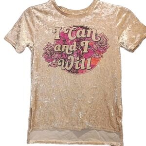 Art Class Girls Beige Velvet Short Sleeve I Can And I Will Top  Size Medium 7/8